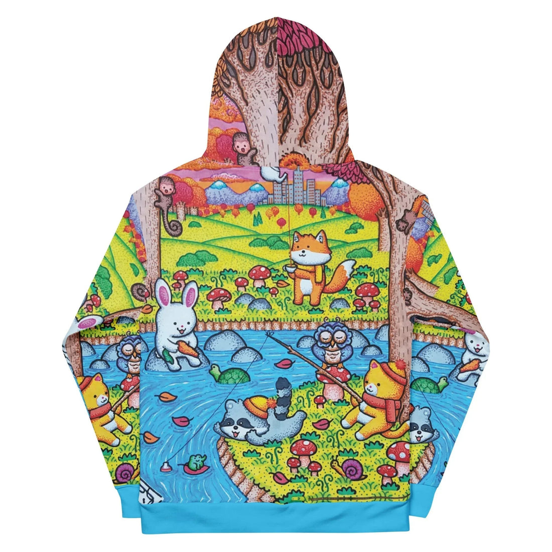 A whimsical, animated autumn landscape depicts anthropomorphic foxes (sporting yellow scarves) and fishing raccoons amidst rolling acid green hills. Contact us with accessibility feedback, we'd love to help!