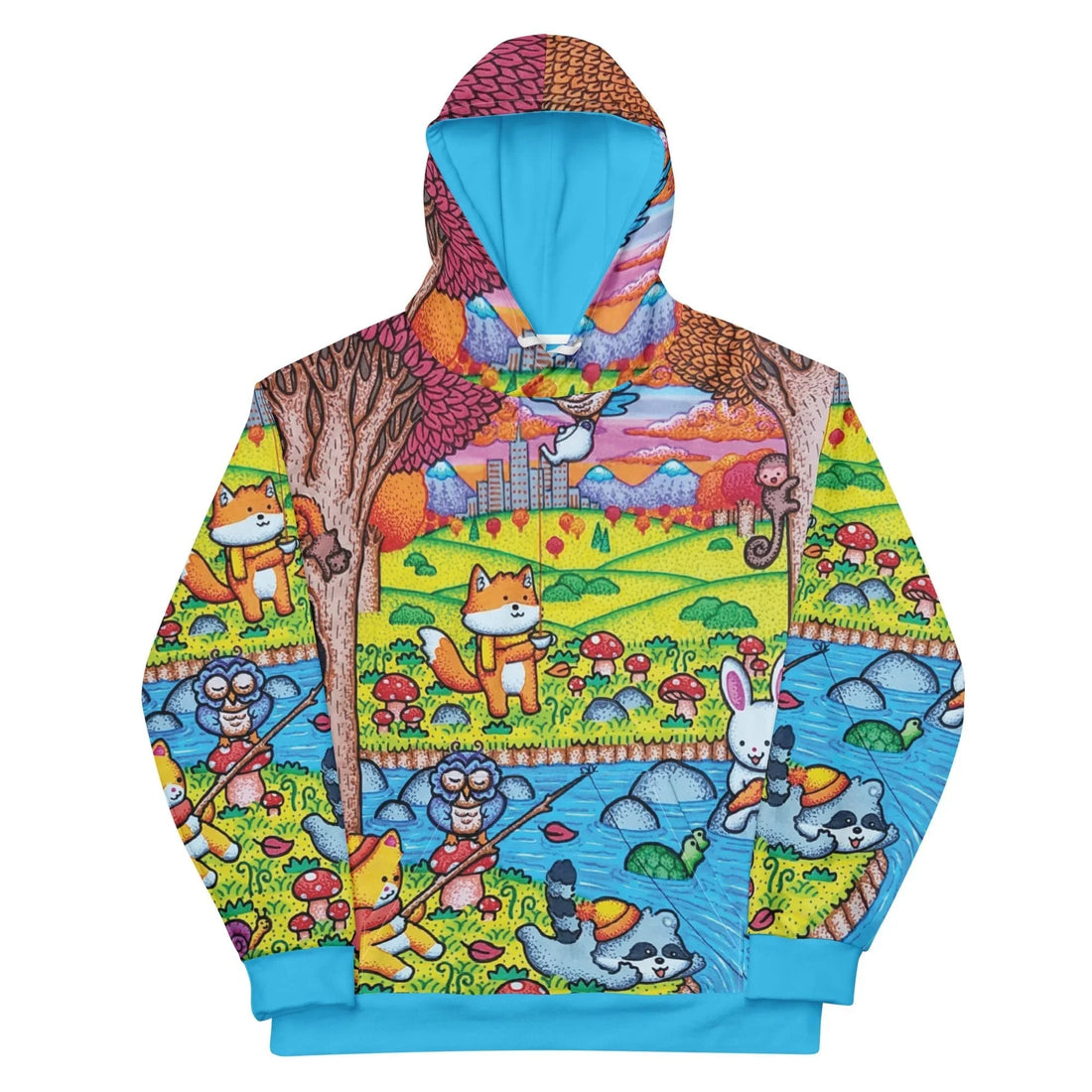 A whimsical, animated autumn landscape depicts anthropomorphic foxes (sporting yellow scarves) and fishing raccoons amidst rolling acid green hills. Contact us with accessibility feedback, we'd love to help!