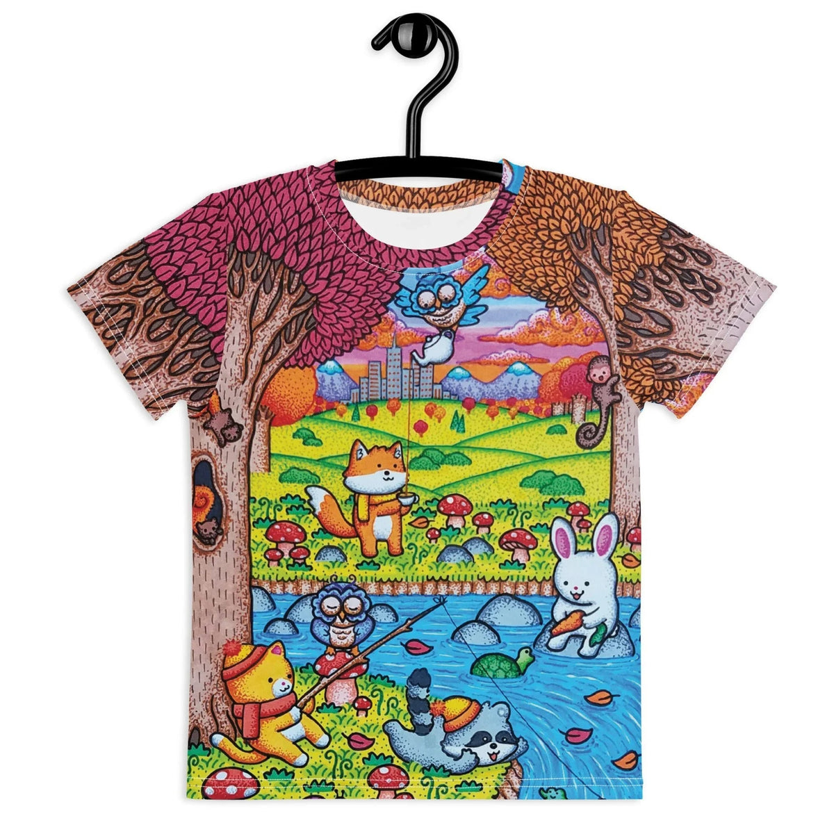 A whimsical autumn storybook world unfolds across rolling lime green hills and a vivid cerulean blue stream. Contact us with accessibility feedback, we'd love to help!