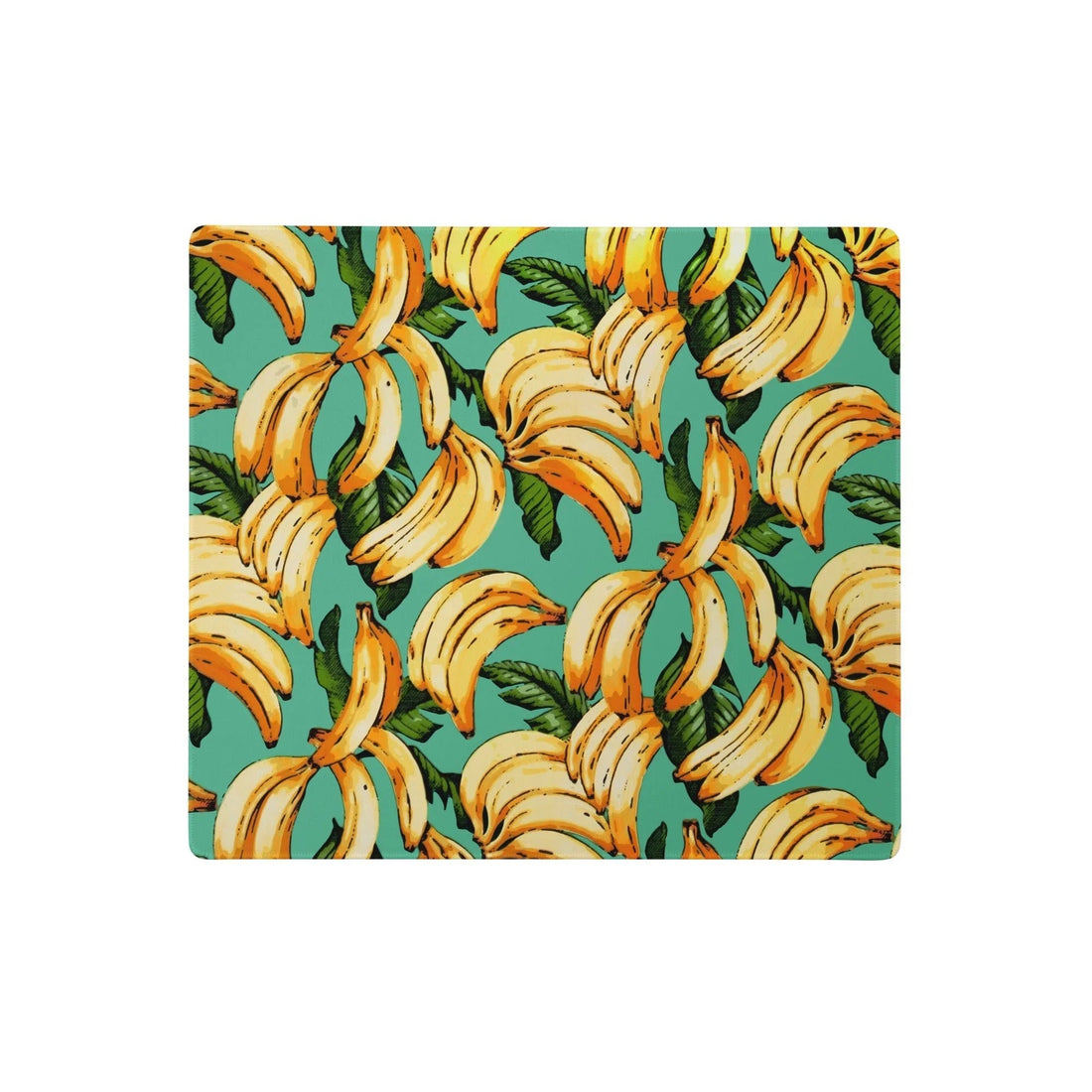 Set against a solid tropical seafoam green backdrop, dynamic clusters of ripe banana yellow fruit take center stage with sun-kissed orange highlights and bold black outlines. Contact us with accessibility feedback, we'd love to help!