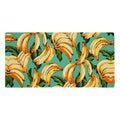 Set against a solid tropical seafoam green backdrop, dynamic clusters of ripe banana yellow fruit take center stage with sun-kissed orange highlights and bold black outlines. Contact us with accessibility feedback, we'd love to help!
