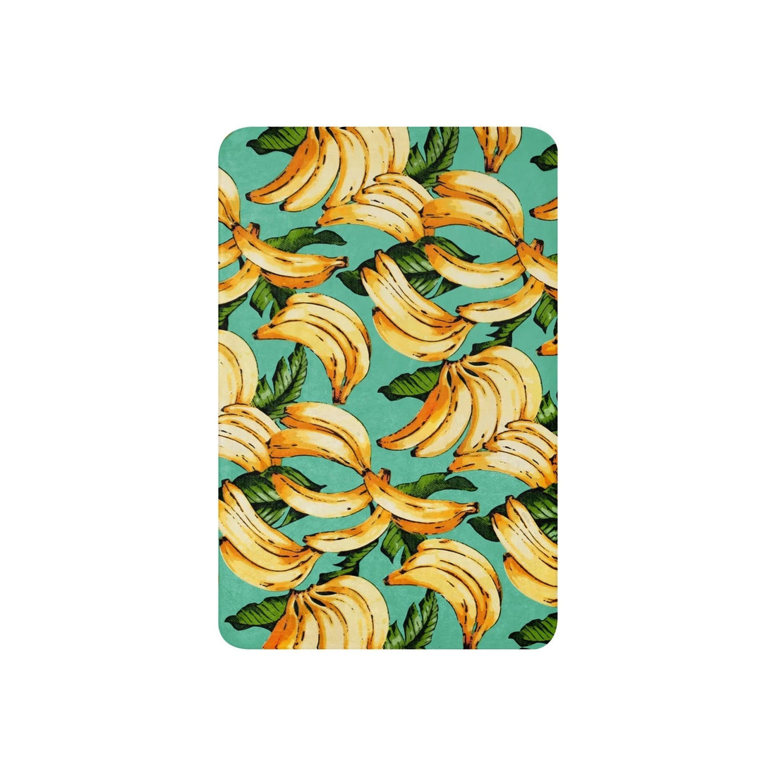 A painterly pattern of ripe bananas (in goldenrod yellow and burnt orange) pops against a seafoam teal background, layered with tropical palm leaves of deep forest and muted olive green. Contact us with accessibility feedback, we'd love to help!