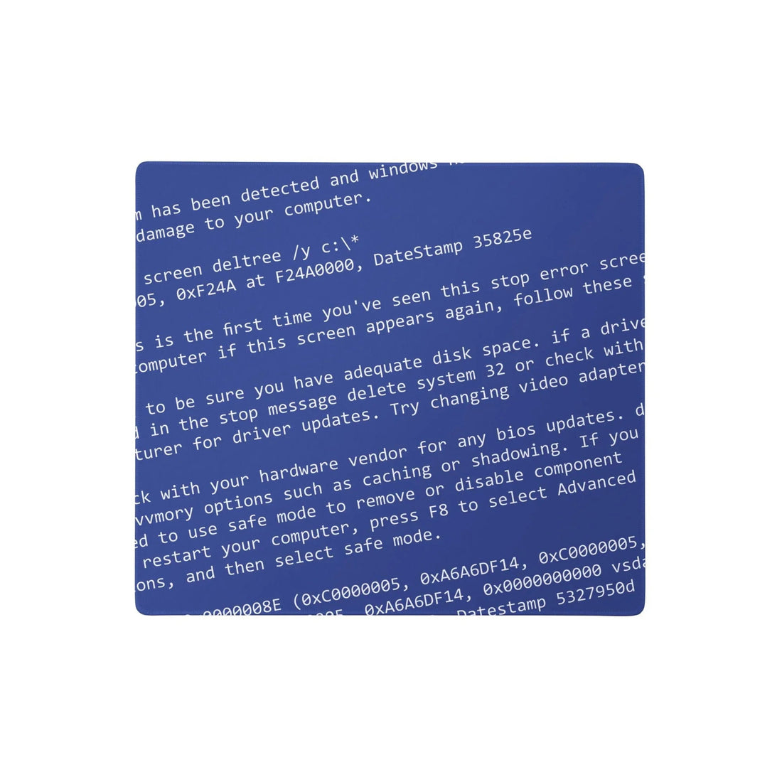 A nostalgic blue screen of death sprawls across this desk mat, featuring cascading white error messages in retro monospaced font tilted at a panic-inducing diagonal. Contact us with accessibility feedback, we'd love to help!