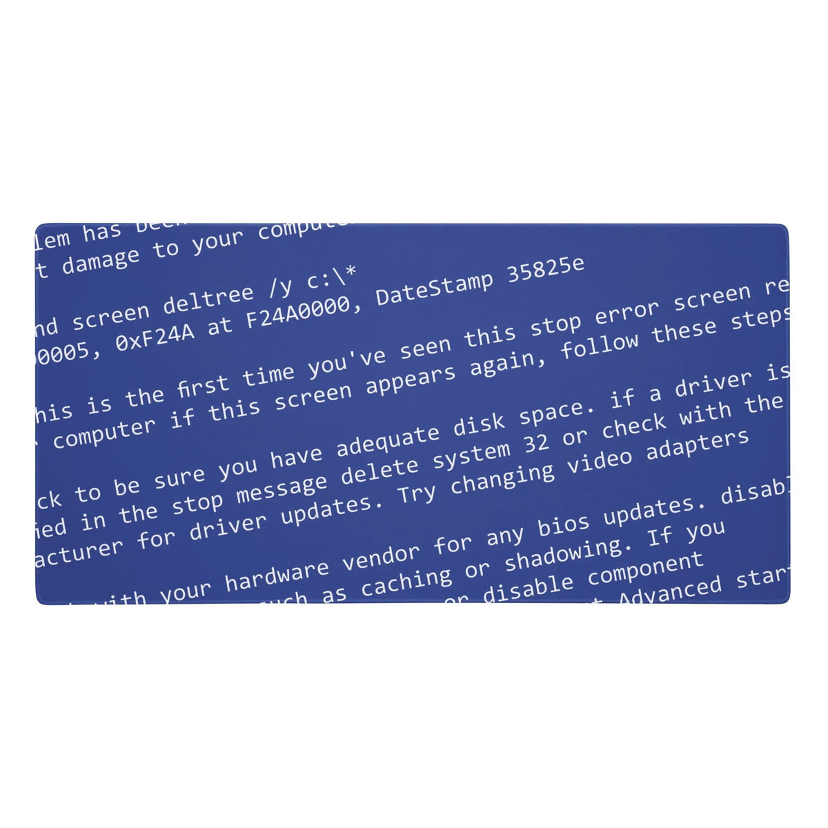 A nostalgic blue screen of death sprawls across this desk mat, featuring cascading white error messages in retro monospaced font tilted at a panic-inducing diagonal. Contact us with accessibility feedback, we'd love to help!