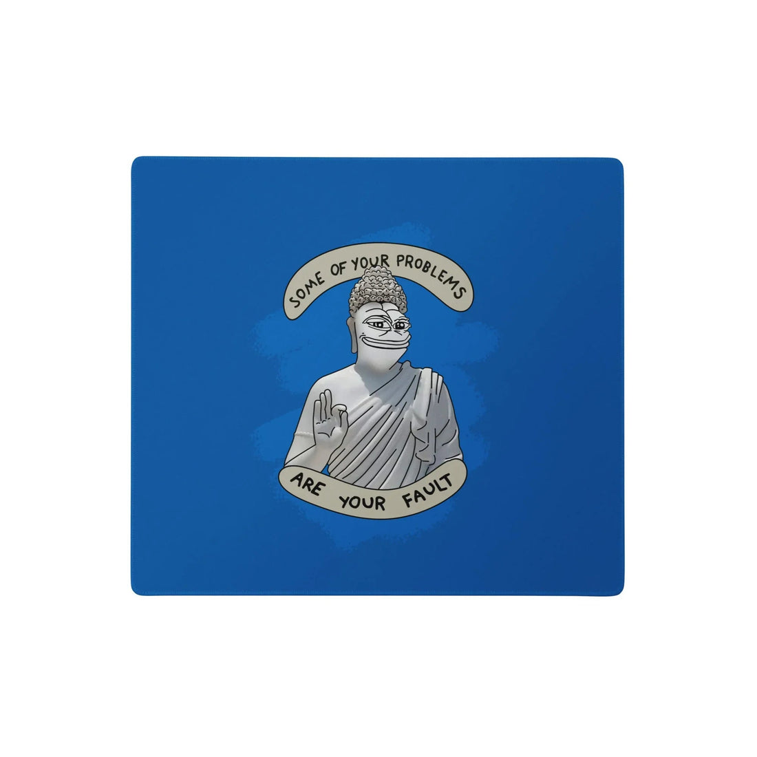 A solid "Cobalt Azure" background highlights a satirical digital graphic rendered in "Granite Grey" and "Limestone White." The design depicts a classical stone statue with a robed monastic body and the heavy-lidded head of a viral amphibian (chiseled to look like rock). Contact us with accessibility feedback, we'd love to help!