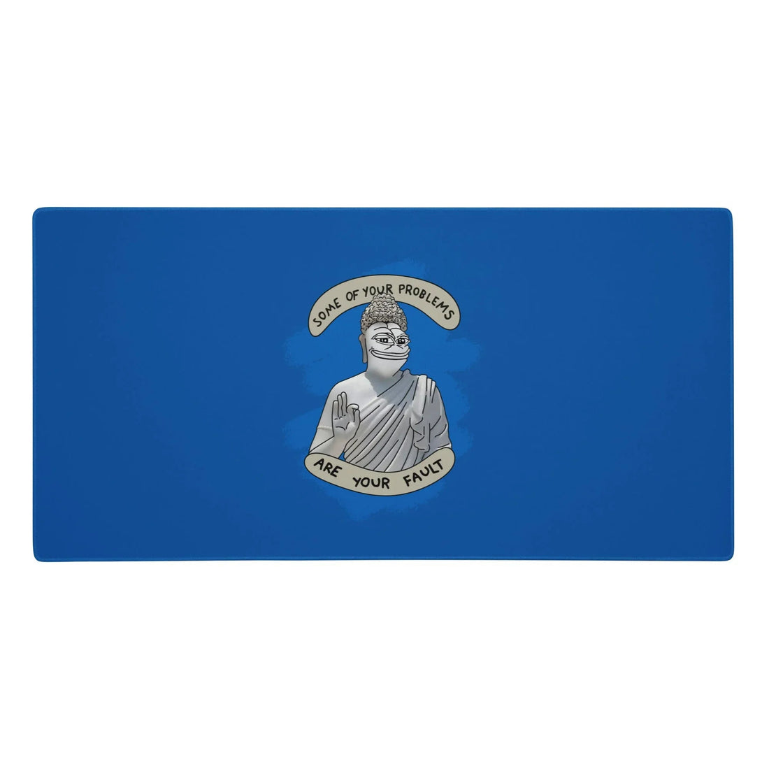 A solid "Cobalt Azure" background highlights a satirical digital graphic rendered in "Granite Grey" and "Limestone White." The design depicts a classical stone statue with a robed monastic body and the heavy-lidded head of a viral amphibian (chiseled to look like rock). Contact us with accessibility feedback, we'd love to help!