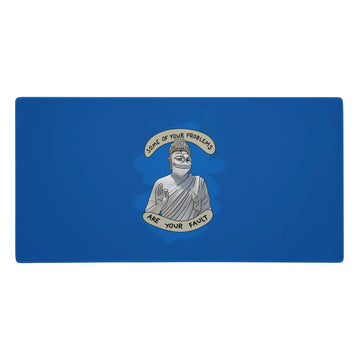 A solid "Cobalt Azure" background highlights a satirical digital graphic rendered in "Granite Grey" and "Limestone White." The design depicts a classical stone statue with a robed monastic body and the heavy-lidded head of a viral amphibian (chiseled to look like rock). Contact us with accessibility feedback, we'd love to help!