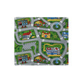 Car Carpet City Desk Mats - The distinct interplay of asphalt grey (#85898C) winding roads against the vibrant nursery green (#558B2F) backdrop.