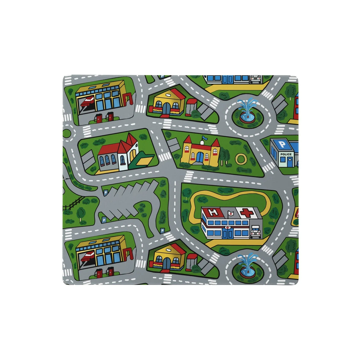 Car Carpet City Desk Mats - The distinct interplay of asphalt grey (#85898C) winding roads against the vibrant nursery green (#558B2F) backdrop.