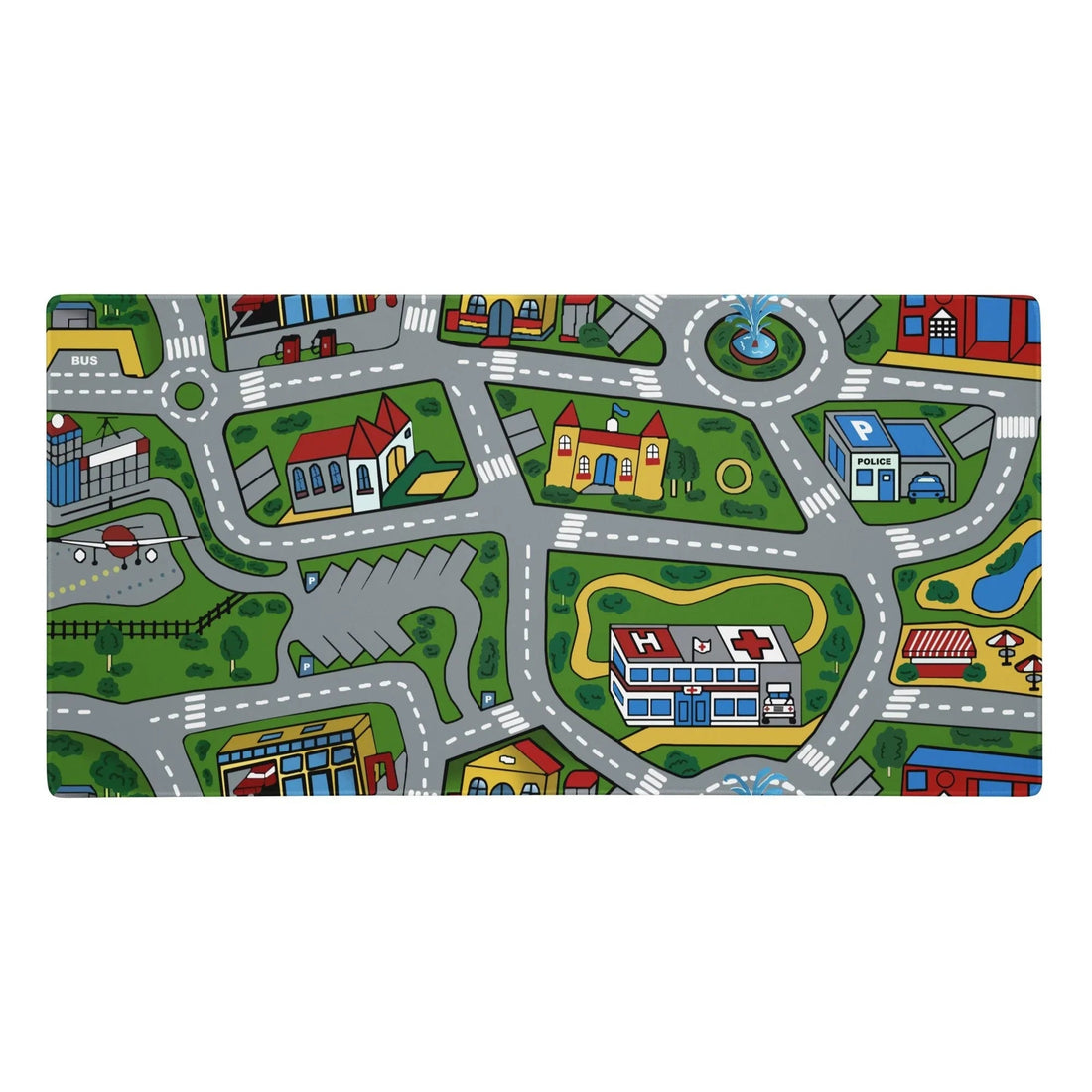A nostalgic children's play rug design sprawls across this desk mat, featuring a vector-style town map with winding asphalt grey roads marked by white lane dividers. Contact us with accessibility feedback, we'd love to help!