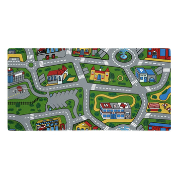 A nostalgic children's play rug design sprawls across this desk mat, featuring a vector-style town map with winding asphalt grey roads marked by white lane dividers. Contact us with accessibility feedback, we'd love to help!