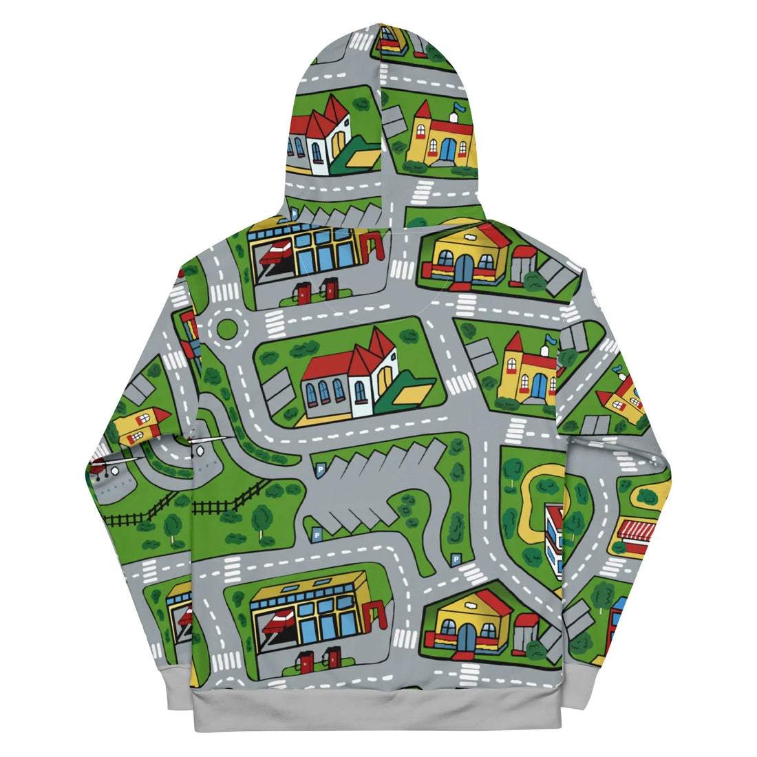 This hoodie transforms into a nostalgic children's traffic playmat, featuring winding grey asphalt streets with white lane markings that snake between vibrant green suburban islands. Contact us with accessibility feedback, we'd love to help!
