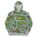 This hoodie transforms into a nostalgic children's traffic playmat, featuring winding grey asphalt streets with white lane markings that snake between vibrant green suburban islands. Contact us with accessibility feedback, we'd love to help!