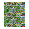 This cozy blanket transforms a classic toy car playmat into soft home decor, featuring a bird's-eye view of a cartoon metropolis. Contact us with accessibility feedback, we'd love to help!