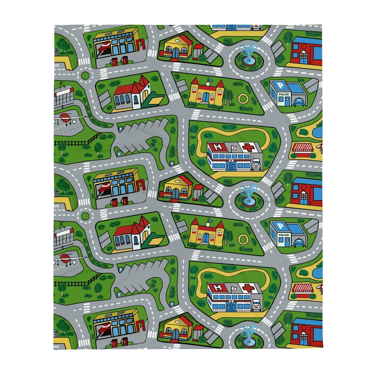 This cozy blanket transforms a classic toy car playmat into soft home decor, featuring a bird's-eye view of a cartoon metropolis. Contact us with accessibility feedback, we'd love to help!