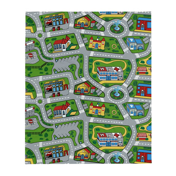 This cozy blanket transforms a classic toy car playmat into soft home decor, featuring a bird's-eye view of a cartoon metropolis. Contact us with accessibility feedback, we'd love to help!