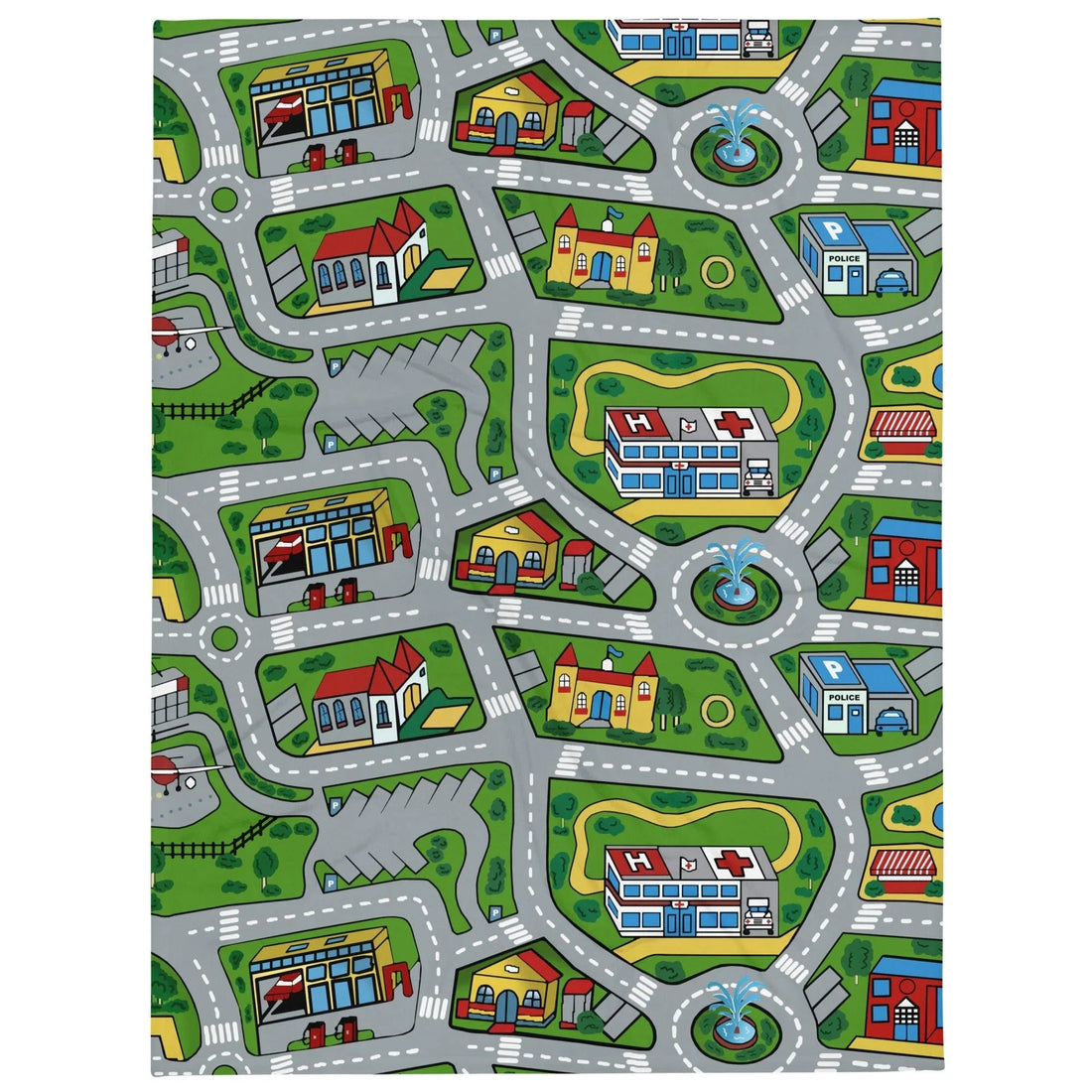 This cozy blanket transforms a classic toy car playmat into soft home decor, featuring a bird's-eye view of a cartoon metropolis. Contact us with accessibility feedback, we'd love to help!