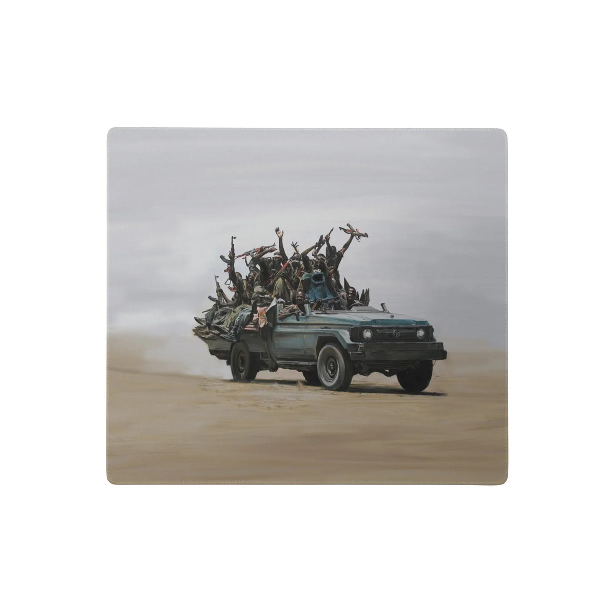Congo Cookie Monster Desk Mats - The incongruous appearance of a "cobalt blue" (#0047AB) childhood puppet icon riding amidst a gritty, realistic militia convoy.