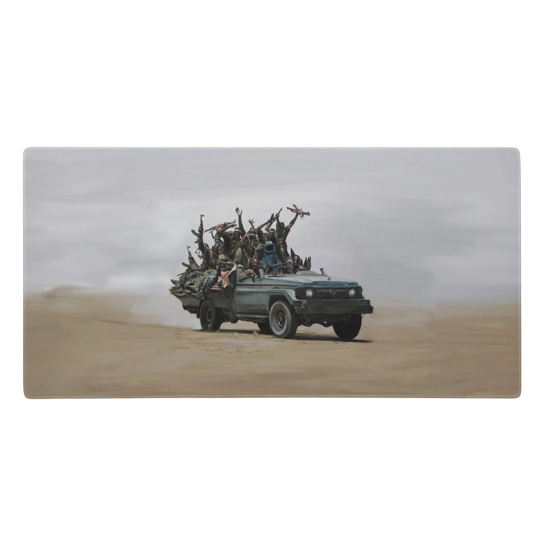 Rendered with the texture of a classical oil painting, this surreal scene depicts a vintage "oxidized teal" pickup truck tearing through "dusty khaki" dunes. Contact us with accessibility feedback, we'd love to help!