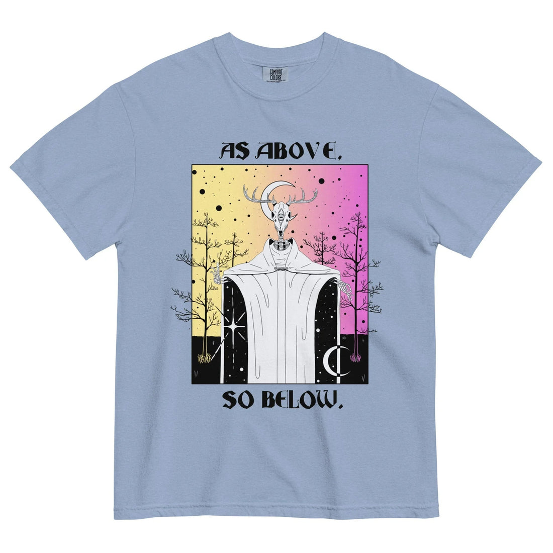 On a slate gray shirt, a mystical figure with an antlered deer skull (and third eye) reveals a star-speckled void within its white robes. Contact us with accessibility feedback, we'd love to help!
