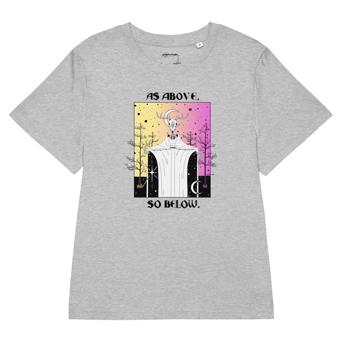 A mystical rectangular graphic centers on a cloaked skeletal figure topped with a deer skull and antlers (nestling a white crescent moon). Contact us with accessibility feedback, we'd love to help!