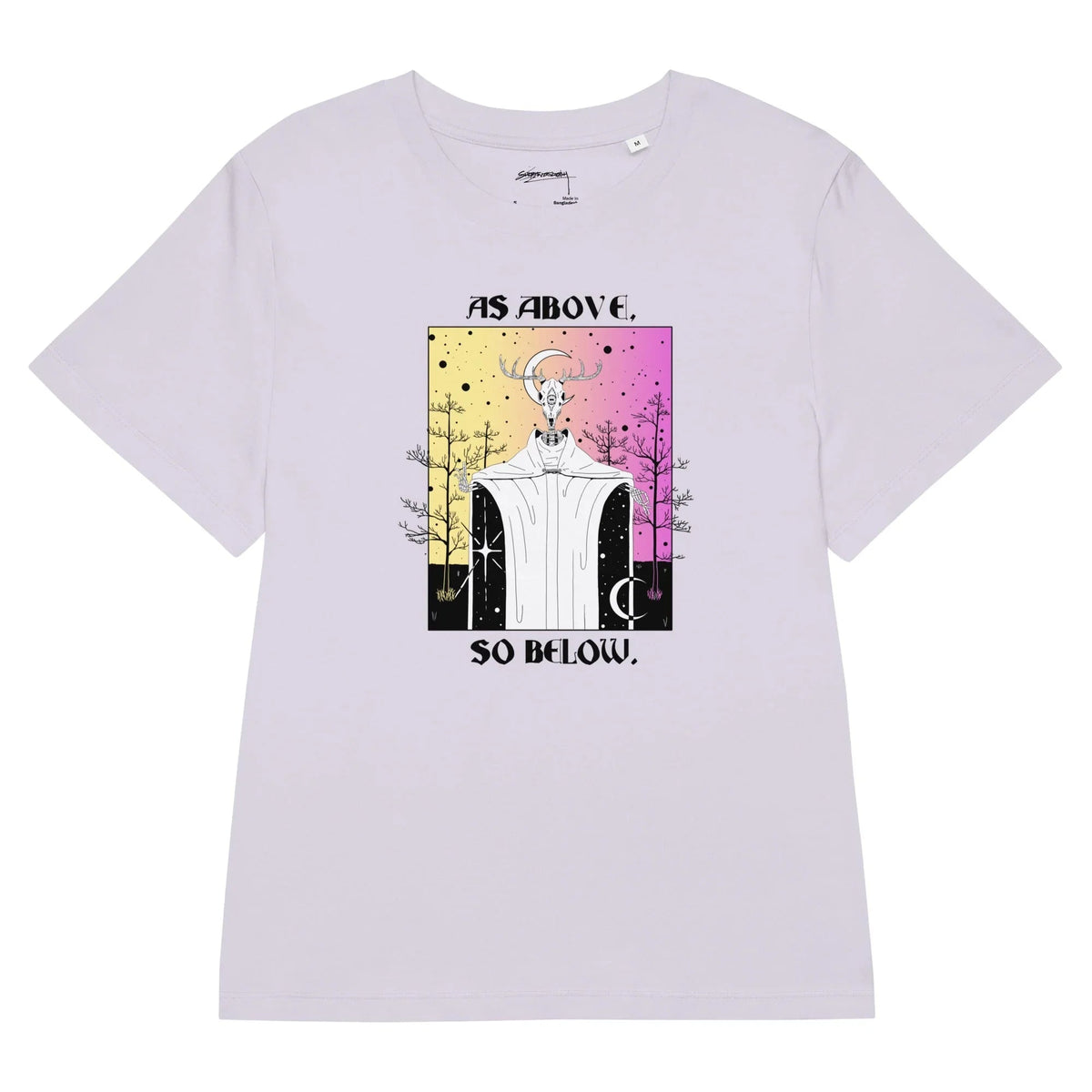 Cosmos Women's Tee - The stark juxtaposition of the skeletal forest deity against the soft canary yellow (#FCF7B4) to cosmic magenta (#EC80E1) gradient, framed by the bold "AS ABOVE, SO BELOW" text.