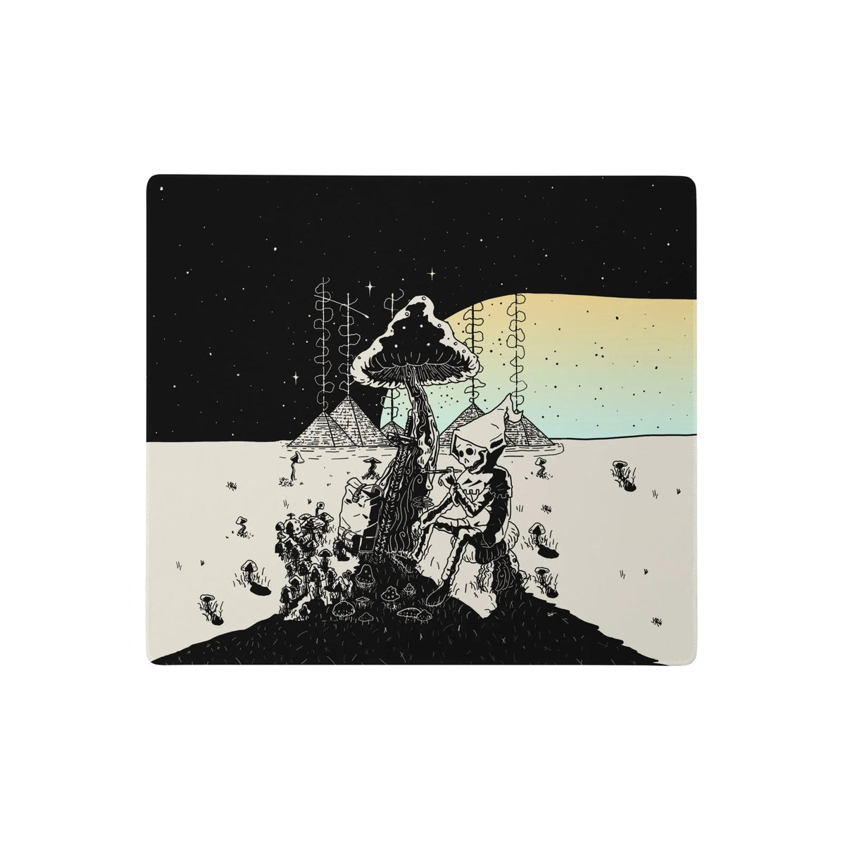Death is Cool Desk Mats - The piping skeleton beneath the cross-hatched giant mushroom against the split Obsidian (#090909) starry void and Celestial Yellow (#FFFACD) to Seafoam Cyan (#A5D6A7) dawn gradient sky.