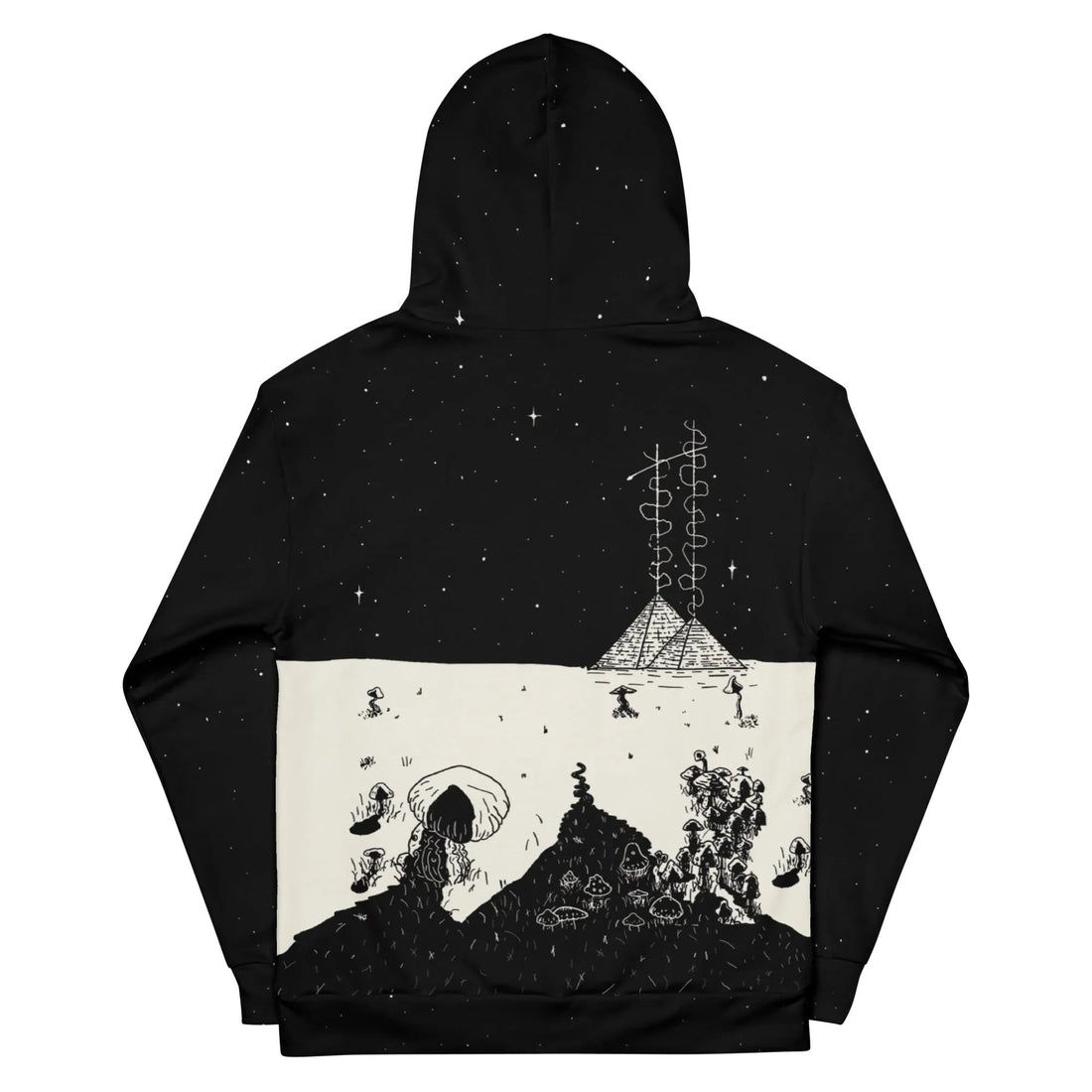 This surreal, etching-style scene depicts a skeletal wizard crouching beneath a colossal spotted toadstool on a void black base. Contact us with accessibility feedback, we'd love to help!