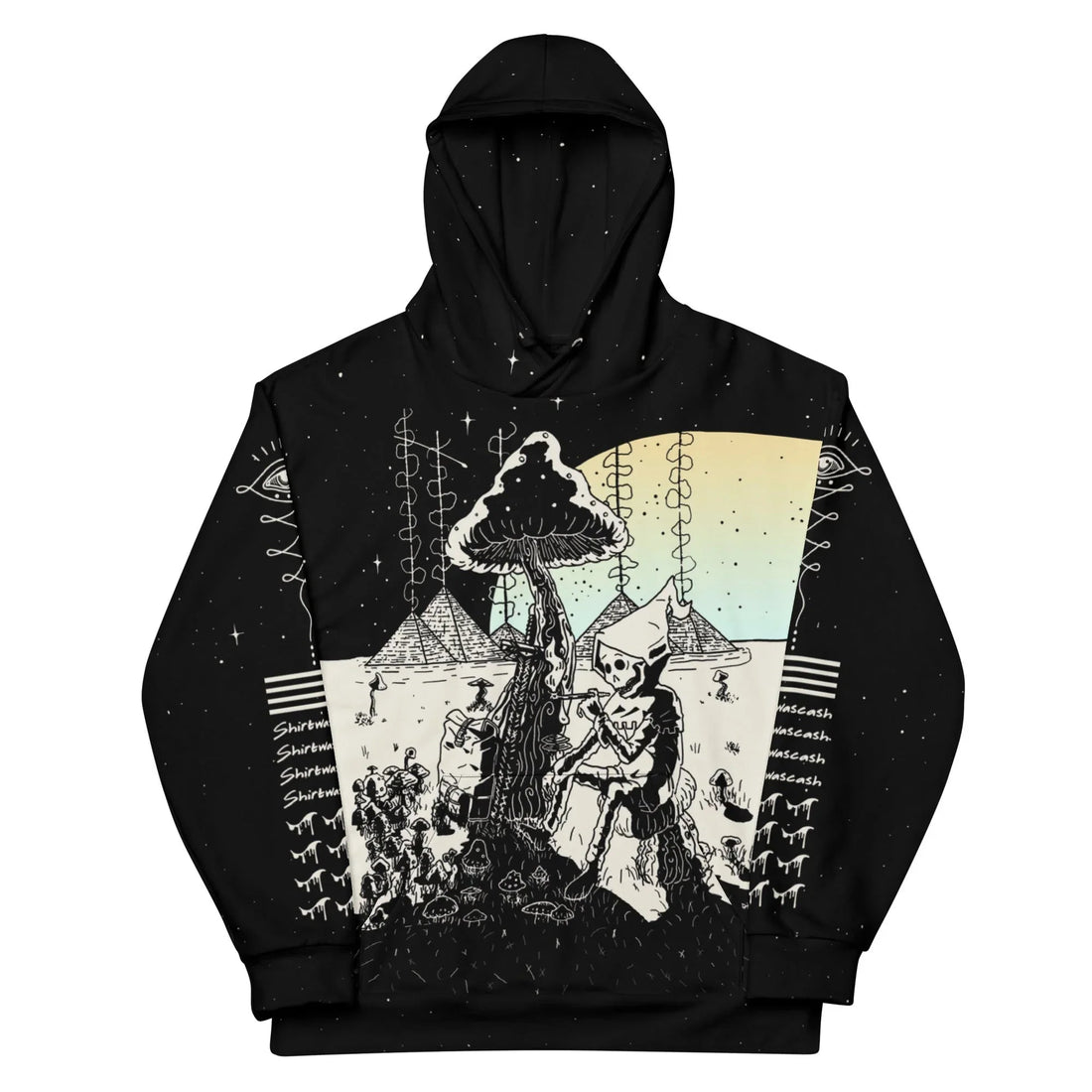This surreal, etching-style scene depicts a skeletal wizard crouching beneath a colossal spotted toadstool on a void black base. Contact us with accessibility feedback, we'd love to help!
