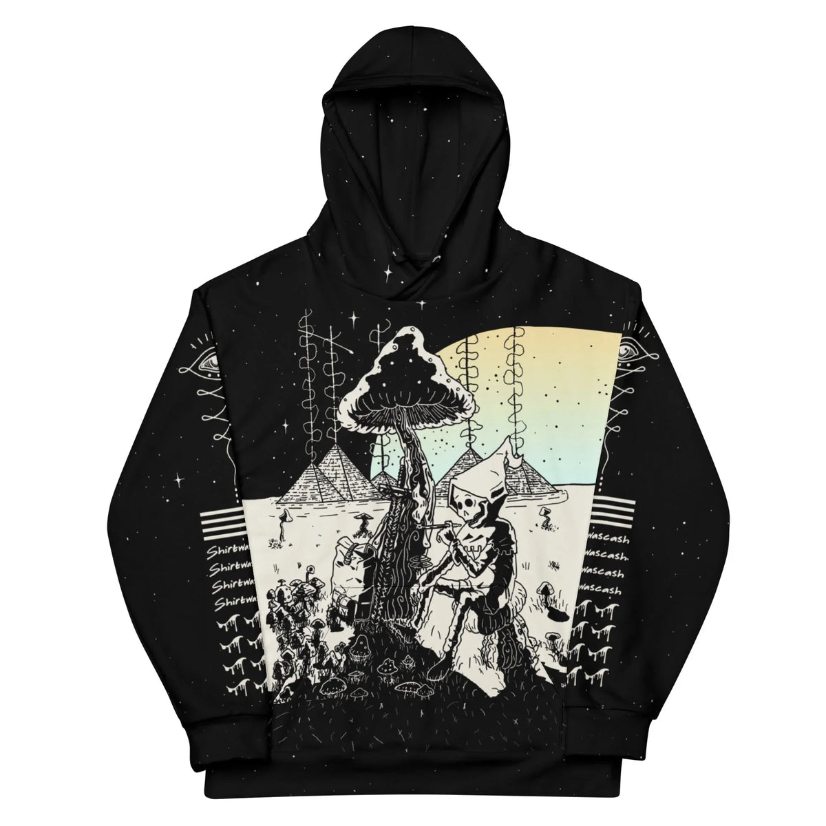 This surreal, etching-style scene depicts a skeletal wizard crouching beneath a colossal spotted toadstool on a void black base. Contact us with accessibility feedback, we'd love to help!