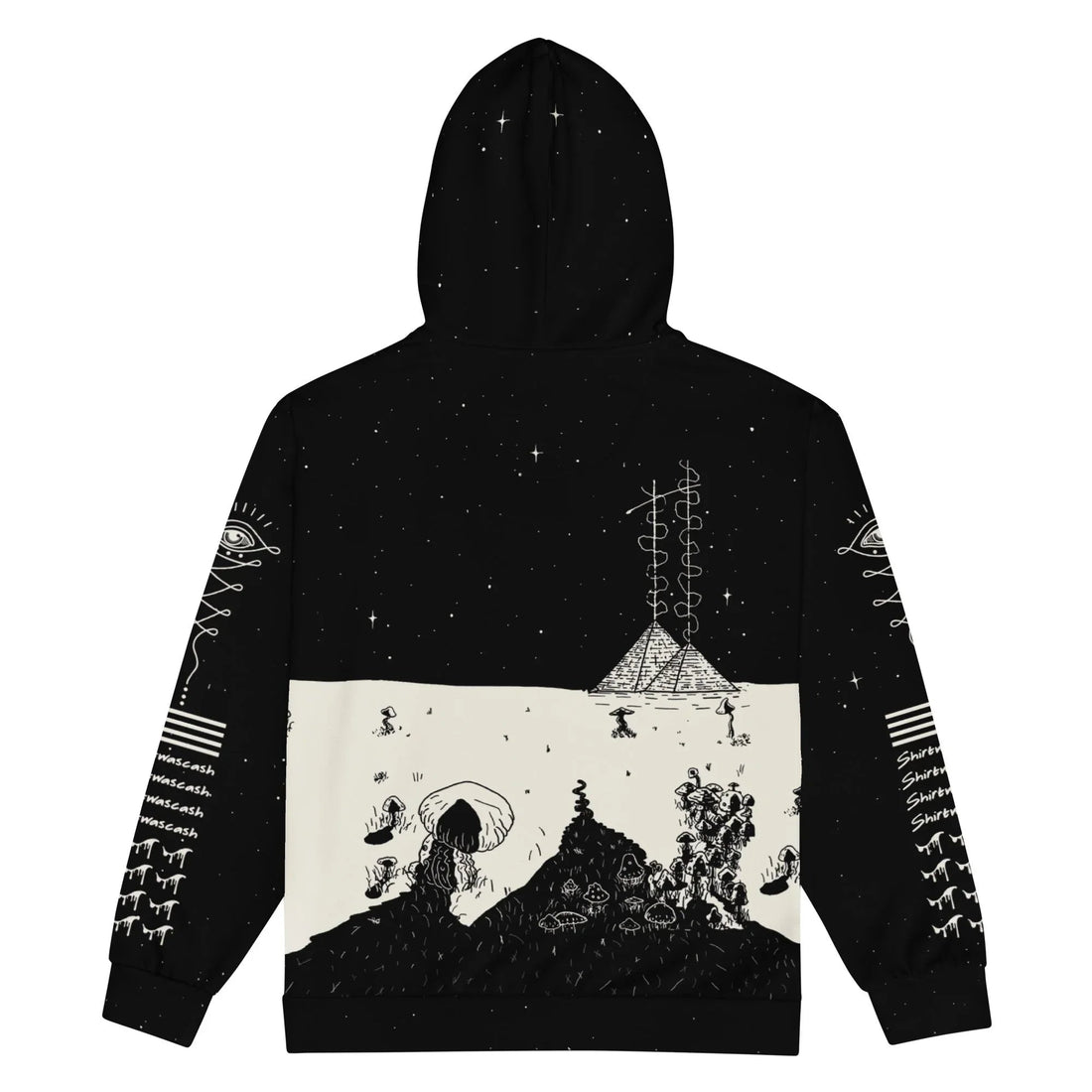 A striking surrealist graphic dominates an Abyssal Void Black canvas, centering on a skeletal wizard seated beneath a towering, melting mushroom. Contact us with accessibility feedback, we'd love to help!