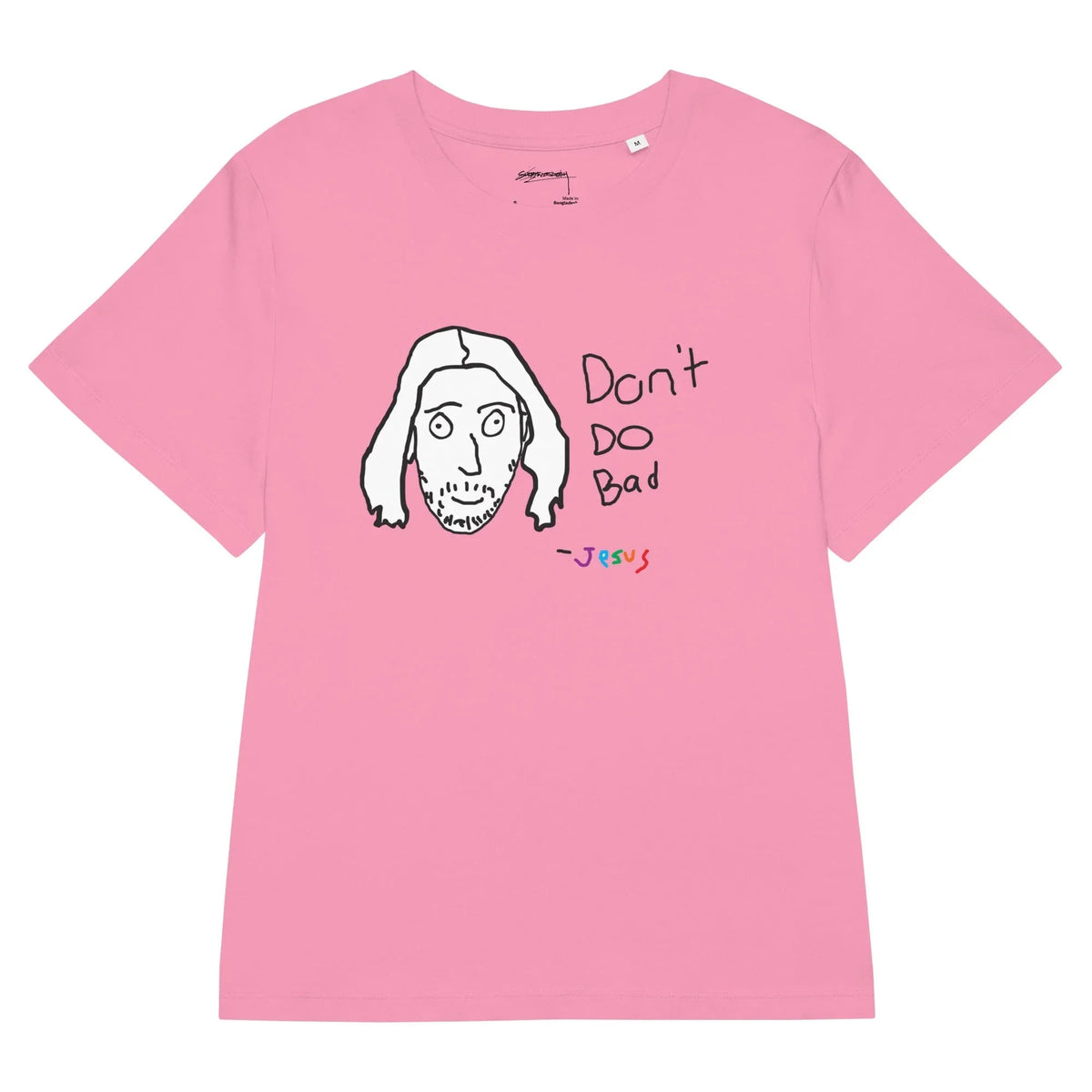 Don't Do Bad Women's Tee - The deliberately crude, carbon black (#1A1A1A) staring eyes juxtaposed against the erratic, multi-colored attribution in electric violet (#9400D3), cyan blue (#00FFFF), and bright red (#FF0000).