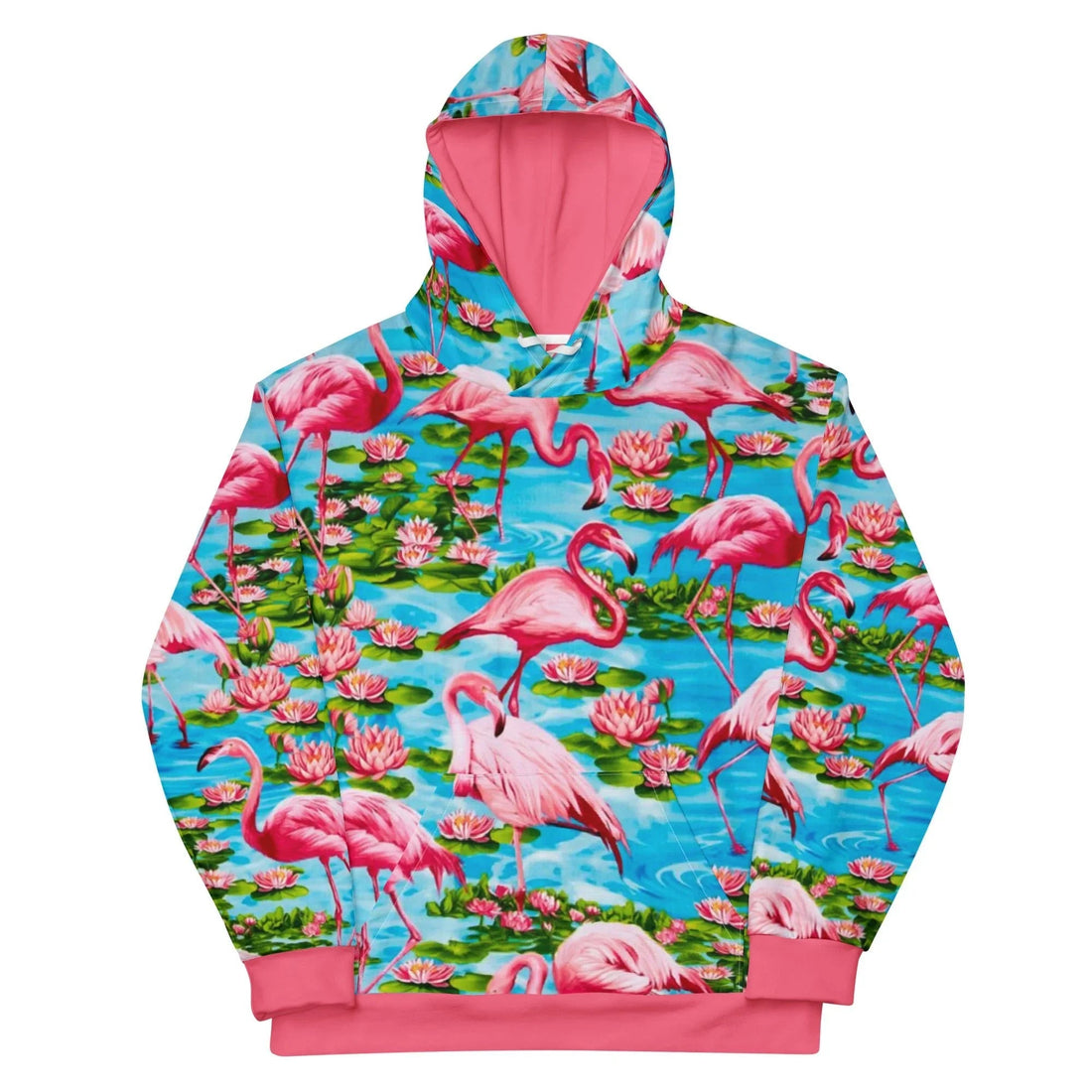 Dominated by stylized flamingos in hot coral pink and soft salmon, this lush tropical scene captures the birds in naturalistic poses (standing, preening, dipping beaks). Contact us with accessibility feedback, we'd love to help!