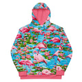 Dominated by stylized flamingos in hot coral pink and soft salmon, this lush tropical scene captures the birds in naturalistic poses (standing, preening, dipping beaks). Contact us with accessibility feedback, we'd love to help!