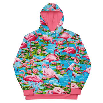 Dominated by stylized flamingos in hot coral pink and soft salmon, this lush tropical scene captures the birds in naturalistic poses (standing, preening, dipping beaks). Contact us with accessibility feedback, we'd love to help!