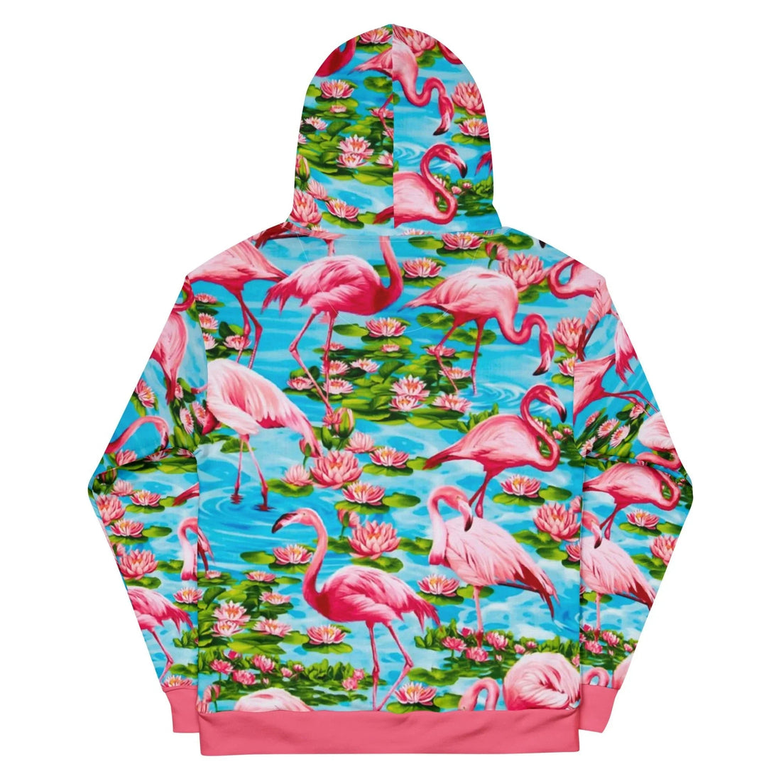 Dominated by stylized flamingos in hot coral pink and soft salmon, this lush tropical scene captures the birds in naturalistic poses (standing, preening, dipping beaks). Contact us with accessibility feedback, we'd love to help!