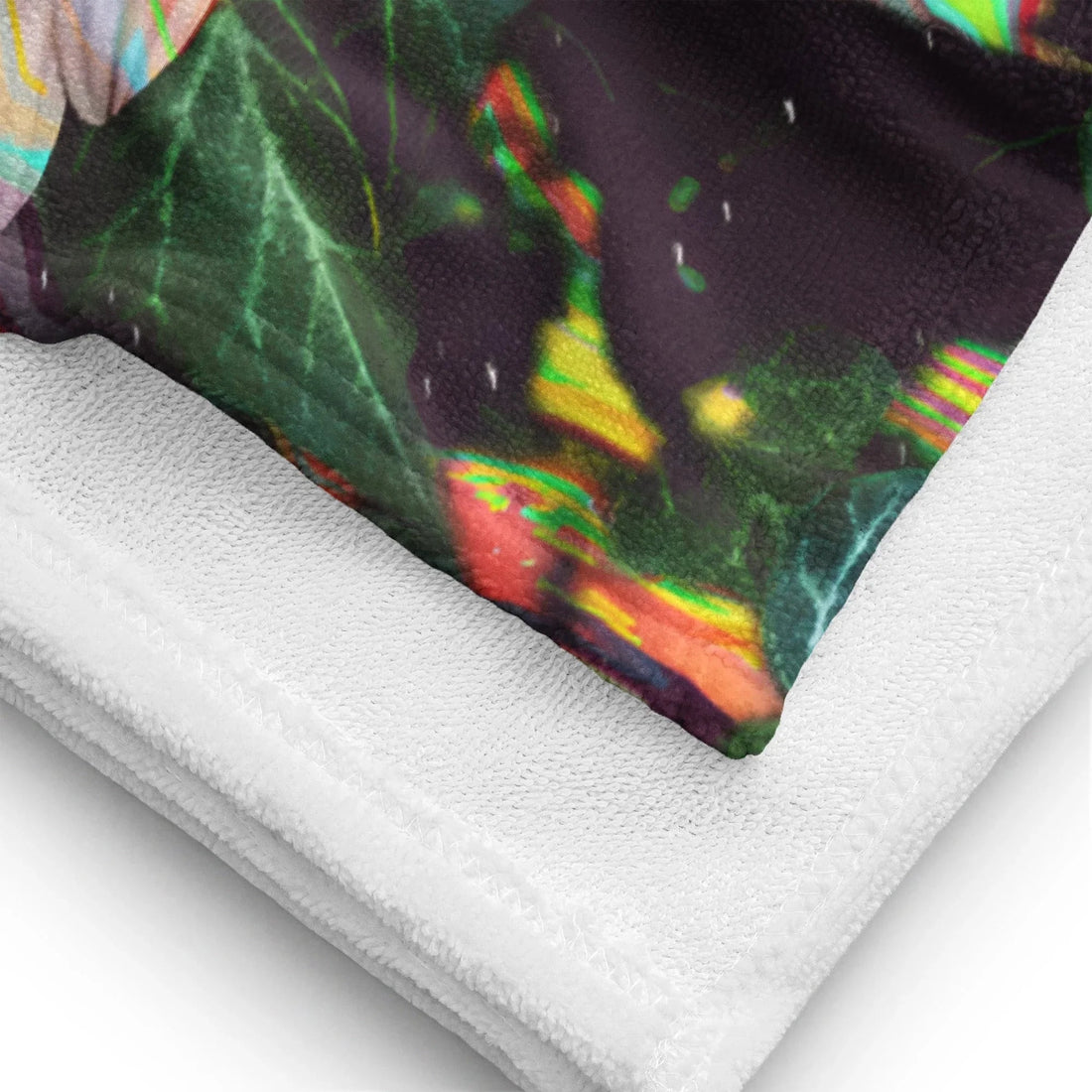 Two photorealistic daisy blooms and veined English ivy are consumed by a psychedelic "glitch art" effect, where organic forms melt into vertical, liquid striations. Contact us with accessibility feedback, we'd love to help!
