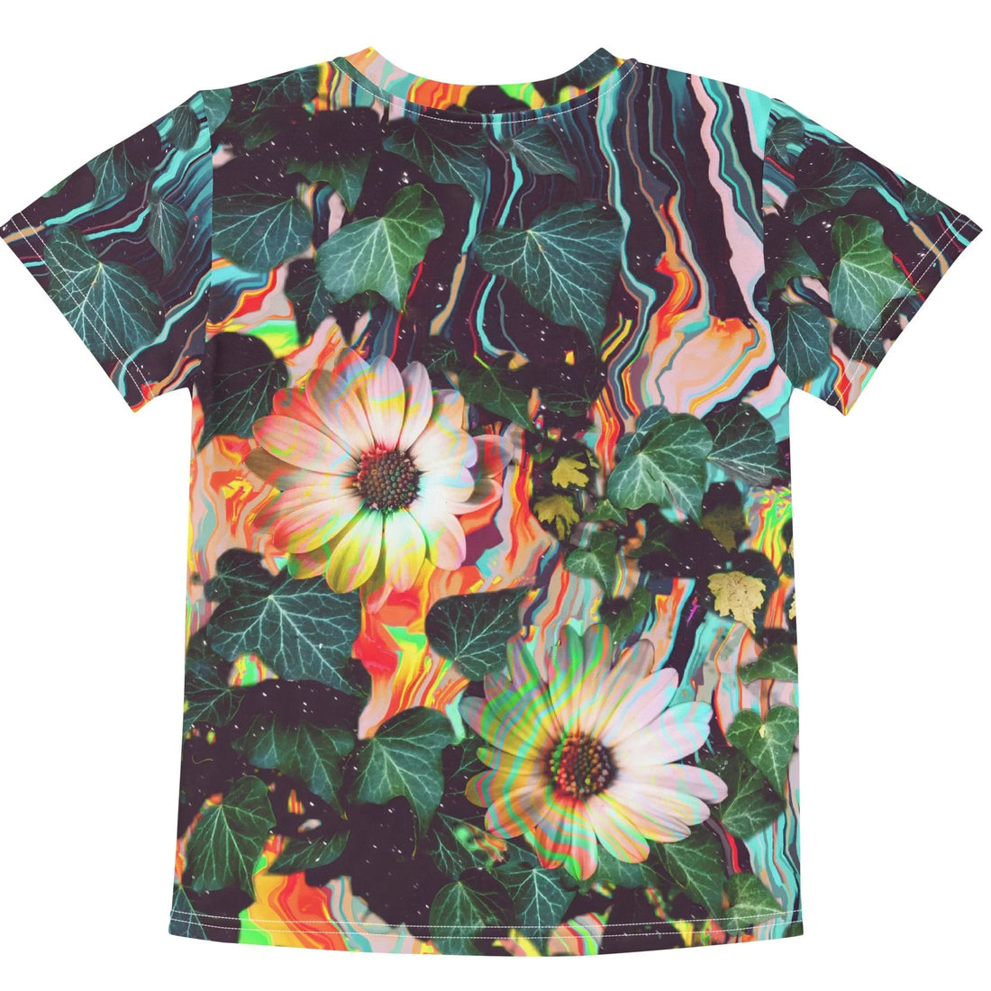 A surreal collage juxtaposes photorealistic daisy blooms (creamy white and Peach Puff) with deep Digital Ivy leaves against a backdrop resembling a corrupted video file. Contact us with accessibility feedback, we'd love to help!