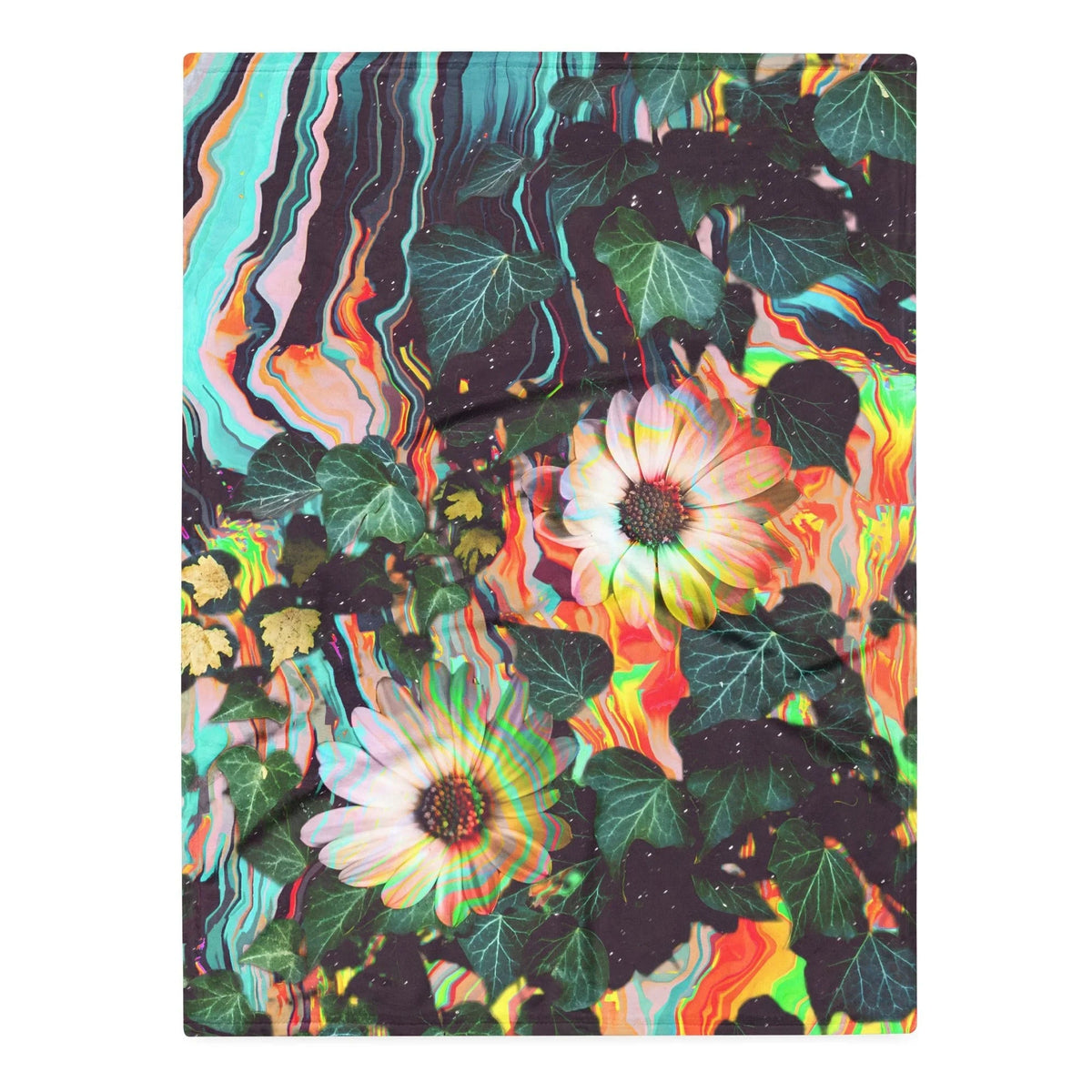 Floral Glitch Plush Blanket in Digital Flora Meltdown. REACH Compliant, Zero-Wastewater Printing, Made-to-Order (Zero Overproduction).