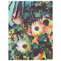 Floral Glitch Plush Blanket - The jarring transition where organic English ivy deep greens (#1B4D3E) physically melt into chaotic magma orange (#FF4500) datamosh artifacts, accented by electric cyan currents (#40E0D0) and void violet shadows (#2A1B3D).
