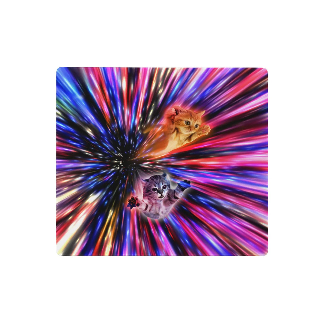 Two photorealistic kittens tumble through a chaotic "warp speed" hyperspace tunnel in this high-energy surrealist composition. Contact us with accessibility feedback, we'd love to help!