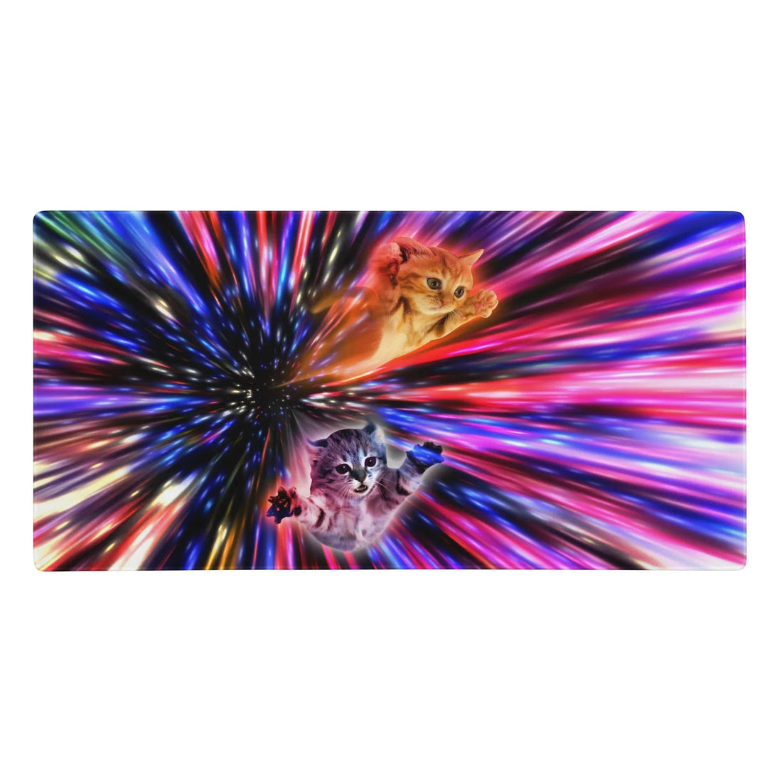 Two photorealistic kittens tumble through a chaotic "warp speed" hyperspace tunnel in this high-energy surrealist composition. Contact us with accessibility feedback, we'd love to help!