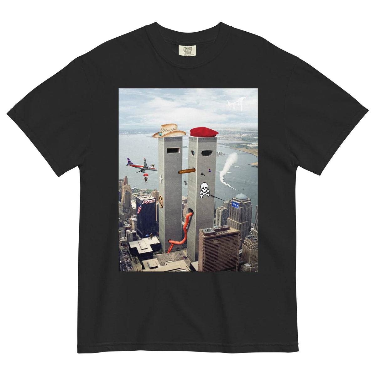 Set on an obsidian black base, a centralized rectangular graphic presents a surreal, satirical collage superimposed over a grainy, photorealistic aerial skyline. Contact us with accessibility feedback, we'd love to help!