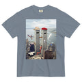 Funhouse 911 T-Shirt in Surrealist Noir Skyline. OEKO-TEX® 100, WRAP Certified, US Cotton Trust Protocol.