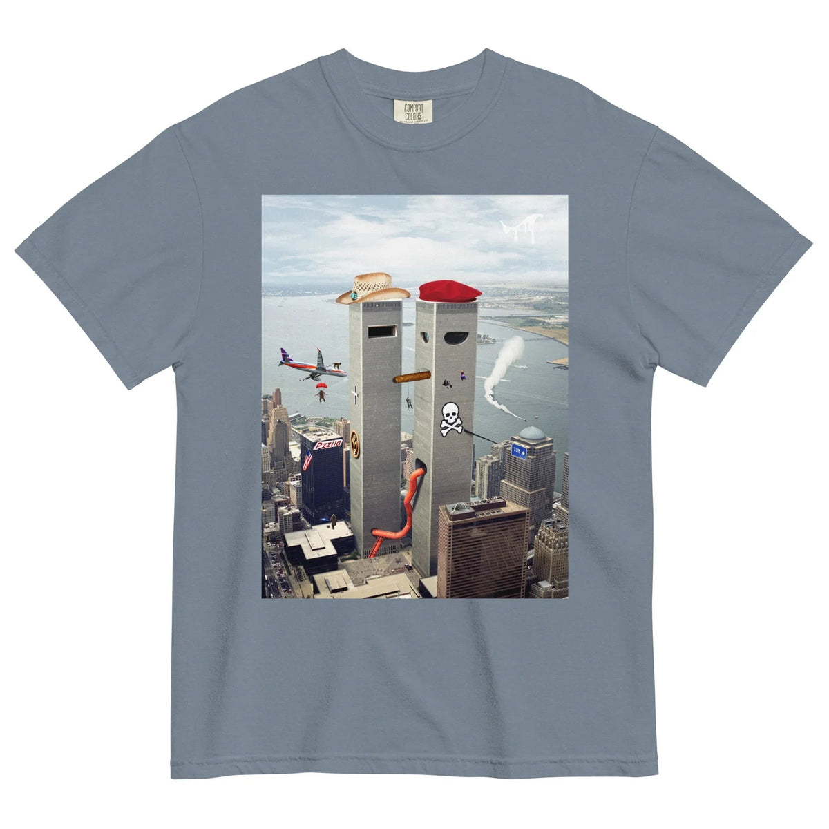 Funhouse 911 T-Shirt in Surrealist Noir Skyline. OEKO-TEX® 100, WRAP Certified, US Cotton Trust Protocol.