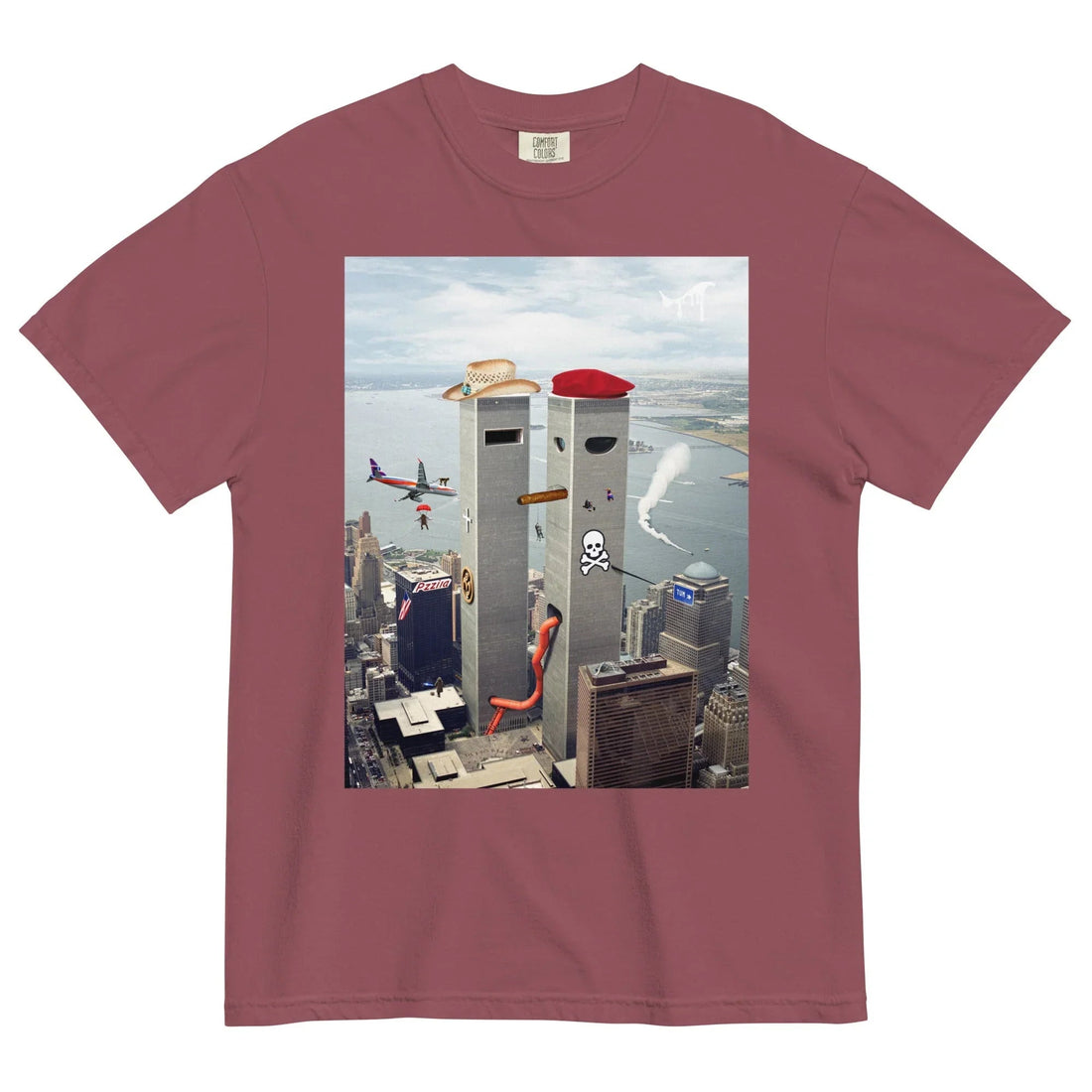 Set on an obsidian black base, a centralized rectangular graphic presents a surreal, satirical collage superimposed over a grainy, photorealistic aerial skyline. Contact us with accessibility feedback, we'd love to help!