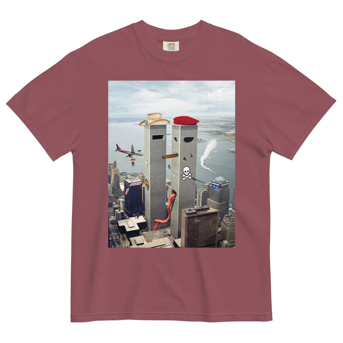 Funhouse 911 T-Shirt - The anthropomorphized grey monoliths wearing a beige (#D2B48C) western hat and crimson (#DC143C) beret superimposed over the recognizable skyline, with chaotic elements like a safety orange (#FF4500) slide and approaching aircraft evoking surreal, meme-inspired absurdity