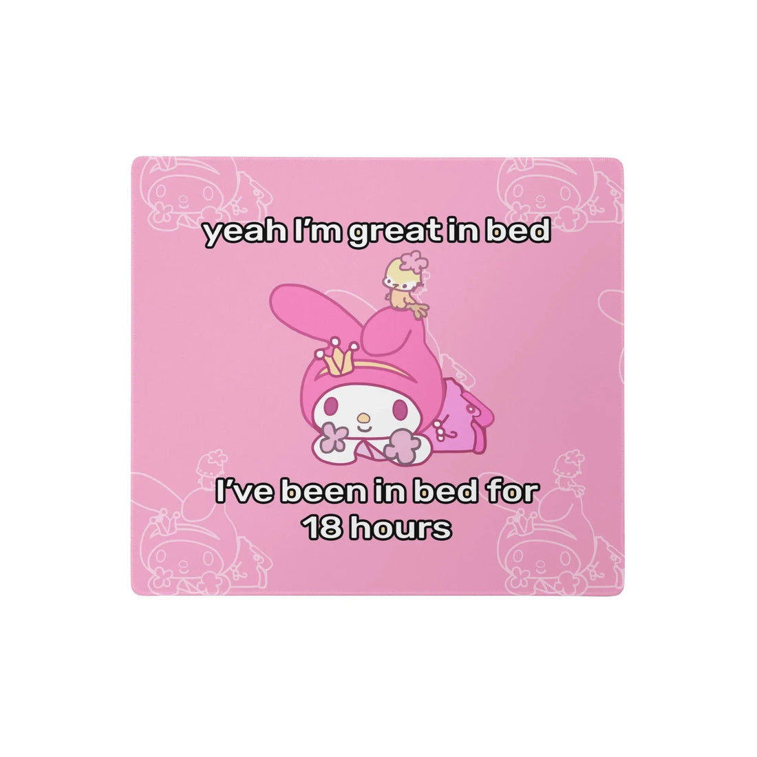 A soft bubblegum pink base anchors this ironic aesthetic, centering on a kawaii rabbit-like mascot in a deep magenta hood lying prone (tiny yellow bird included). Contact us with accessibility feedback, we'd love to help!