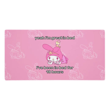 A soft bubblegum pink base anchors this ironic aesthetic, centering on a kawaii rabbit-like mascot in a deep magenta hood lying prone (tiny yellow bird included). Contact us with accessibility feedback, we'd love to help!