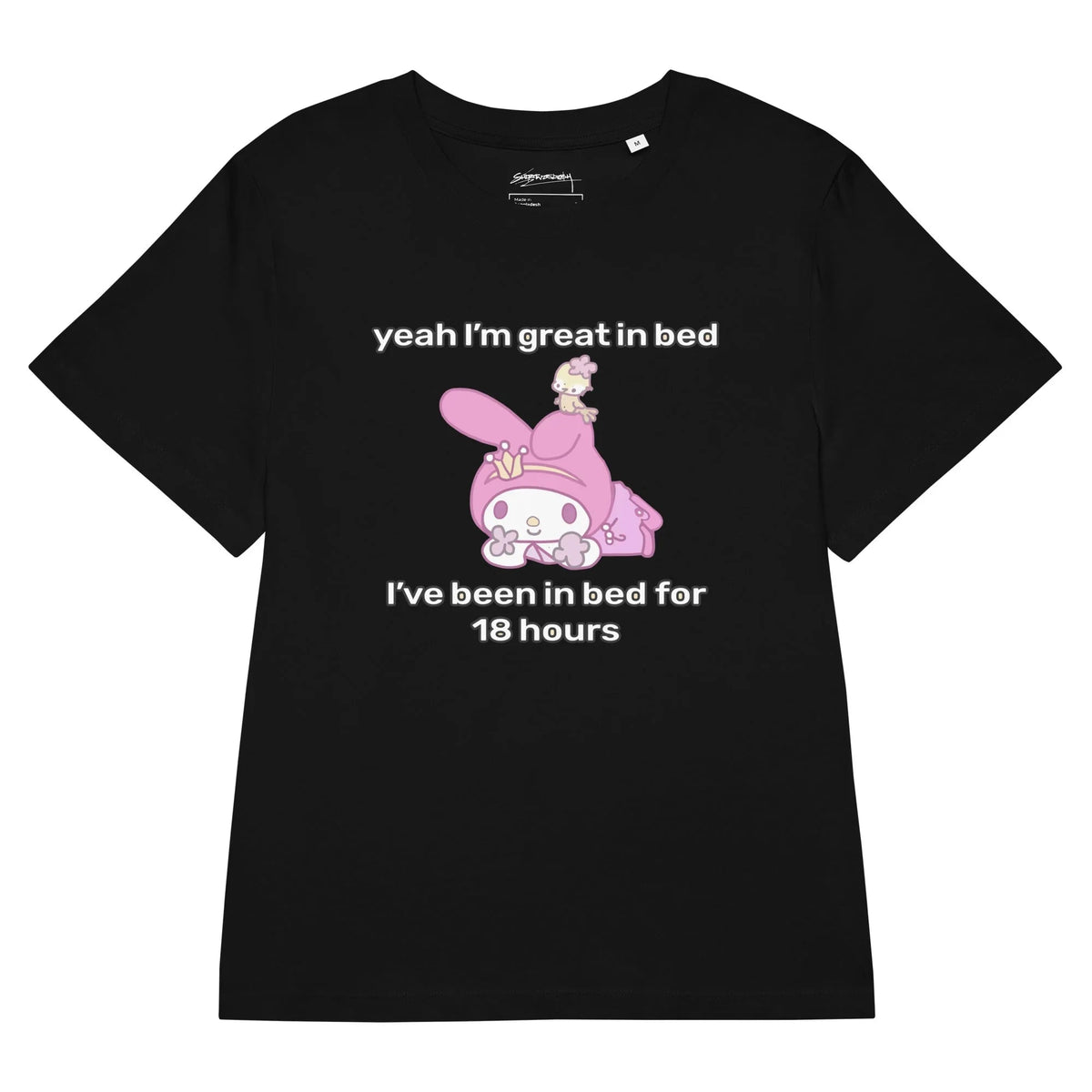 Great in Bed Women’s Tee - The bait-and-switch text layout flanking the innocent #D462A5 orchid-hooded character against the vibrant #F49AC1 bubblegum pink background, enhanced by the pale yellow bird perched atop for added whimsical contrast.